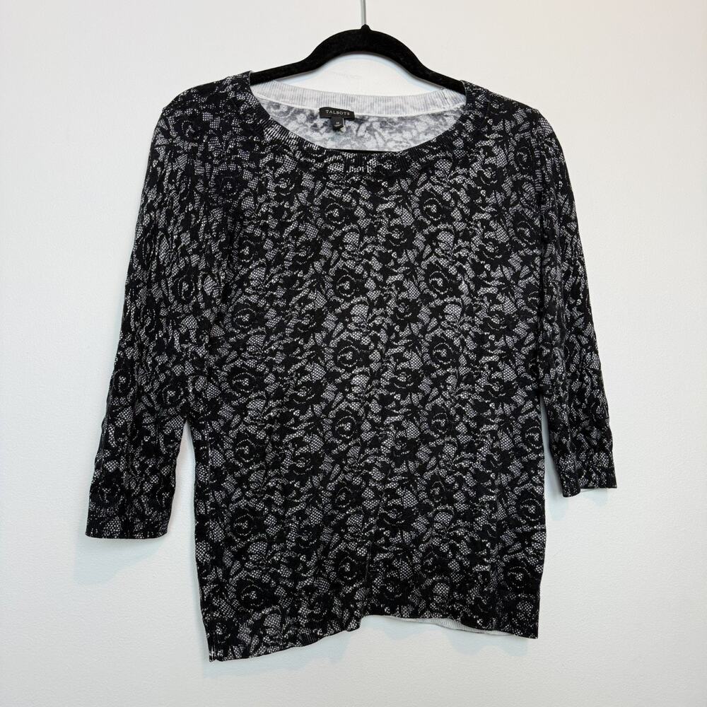 Talbots 3/4 sleeve top lace pattern round neck MD cotton/ rayon blend